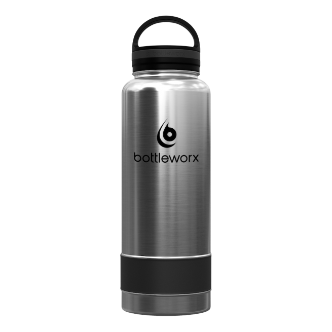 40oz insulated bottle, stainless steel finish with black band and black lid