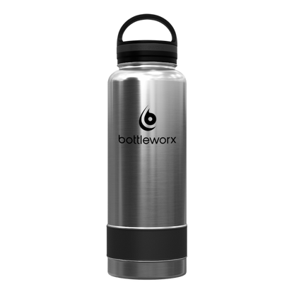 40oz insulated bottle, stainless steel finish with black band and black lid