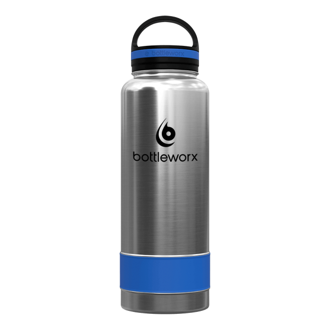 40oz insulated water bottle, brushed steel body with blue band and black lid