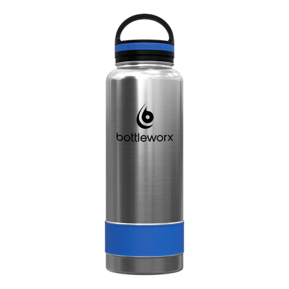 40oz insulated water bottle, brushed steel body with blue band and black lid
