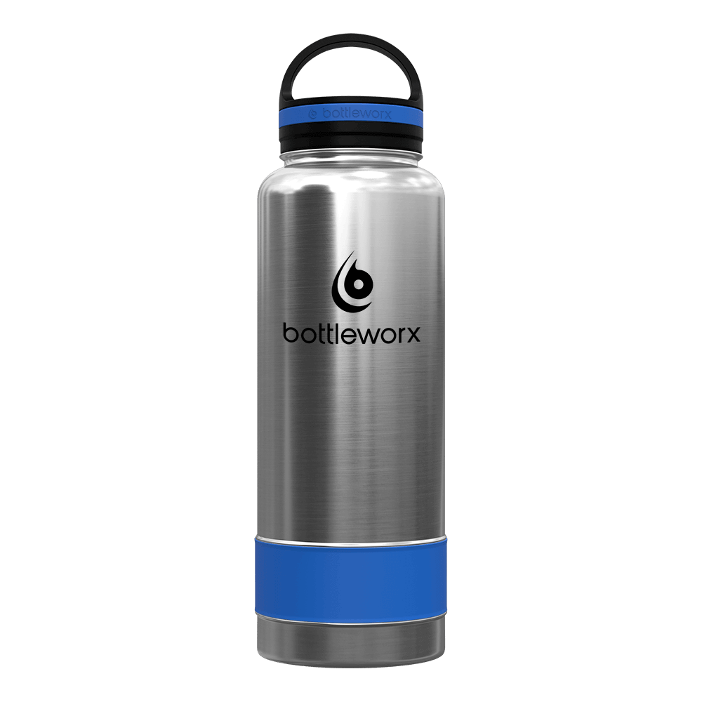 40oz insulated bottle, brushed steel body with blue band and black lid; bottlwerx logo