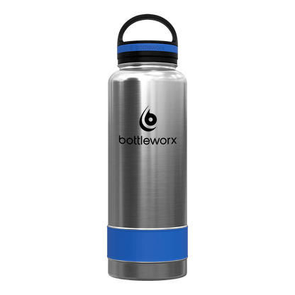 40oz insulated bottle, brushed steel body with blue band and black lid; bottlwerx logo
