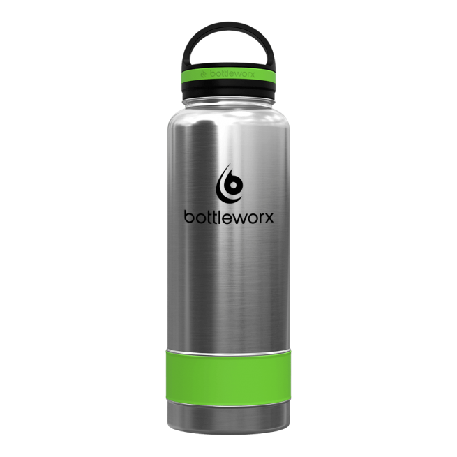 Silver insulated bottle with green band and green lid ring, bottleworx logo
