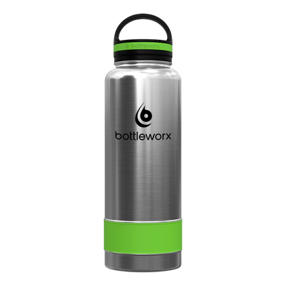 Silver insulated bottle with green band and green lid ring, bottleworx logo