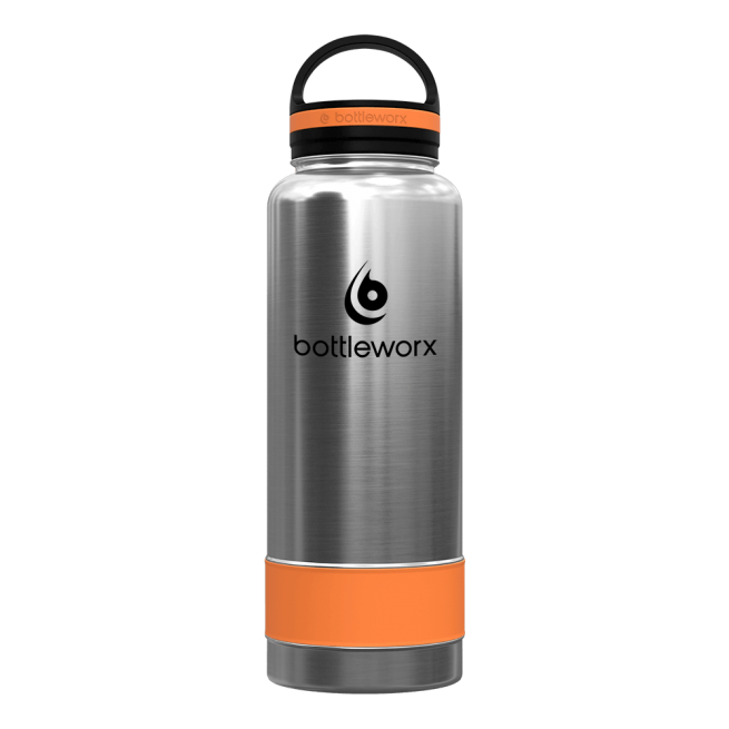 Silver insulated bottle with orange band and orange lid ring, bottleworx logo