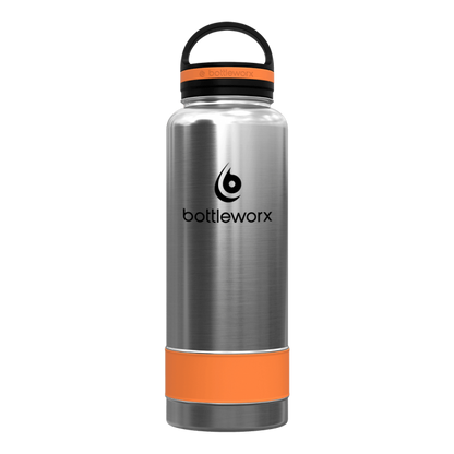 Silver insulated bottle with orange band and orange lid ring, bottleworx logo
