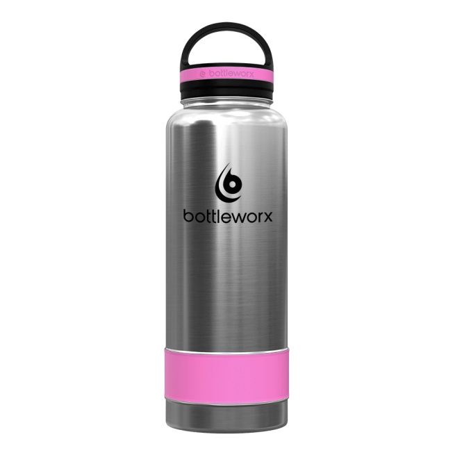 Silver insulated bottle with pink band and black lid, bottleworx logo