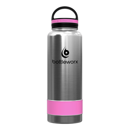 Silver insulated bottle with pink band and black lid, bottleworx logo