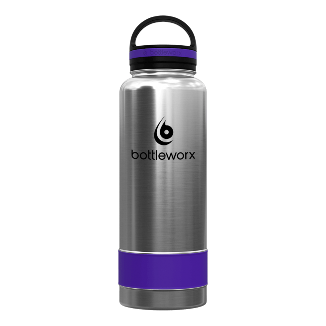 Silver insulated bottle with purple band and black lid, bottleworx logo