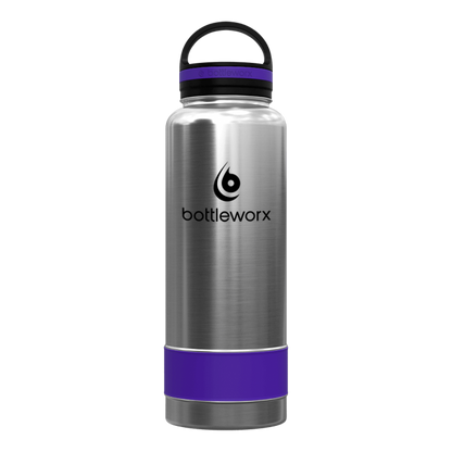 Silver insulated bottle with purple band and black lid, bottleworx logo
