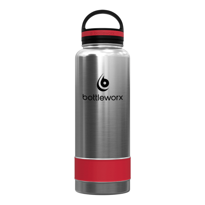 Silver insulated bottle with red band and black lid, bottleworx logo