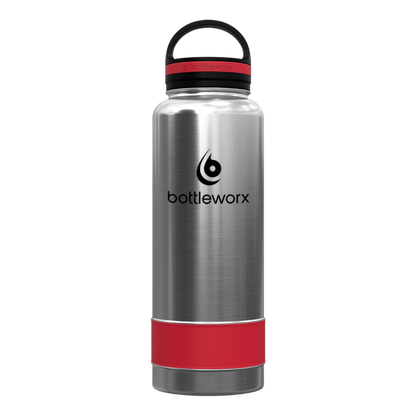 Silver insulated bottle with red band and black lid, bottleworx logo