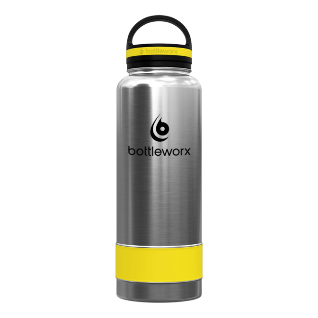 Silver insulated bottle with yellow band and yellow lid ring, bottleworx logo