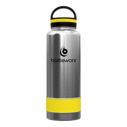 Silver insulated bottle with yellow band and yellow lid ring, bottleworx logo