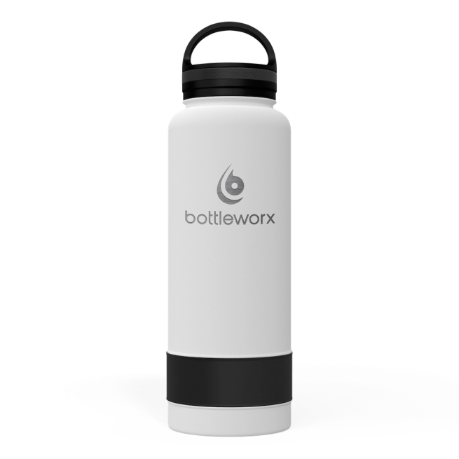 40oz insulated bottle, white body with black band and black lid