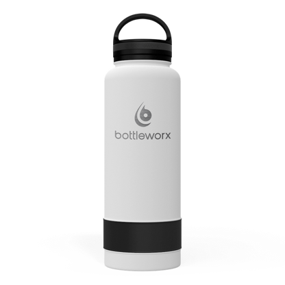 40oz insulated bottle, white body with black band and black lid