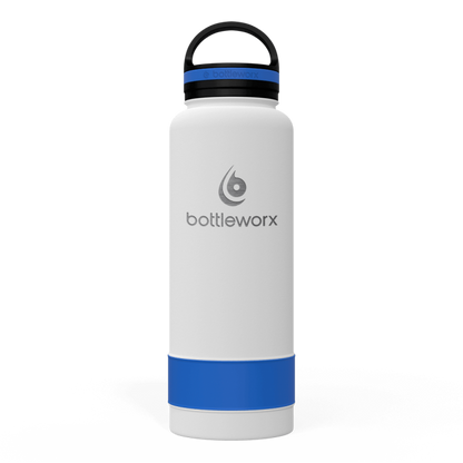 40oz insulated bottle, white body with blue band and black lid