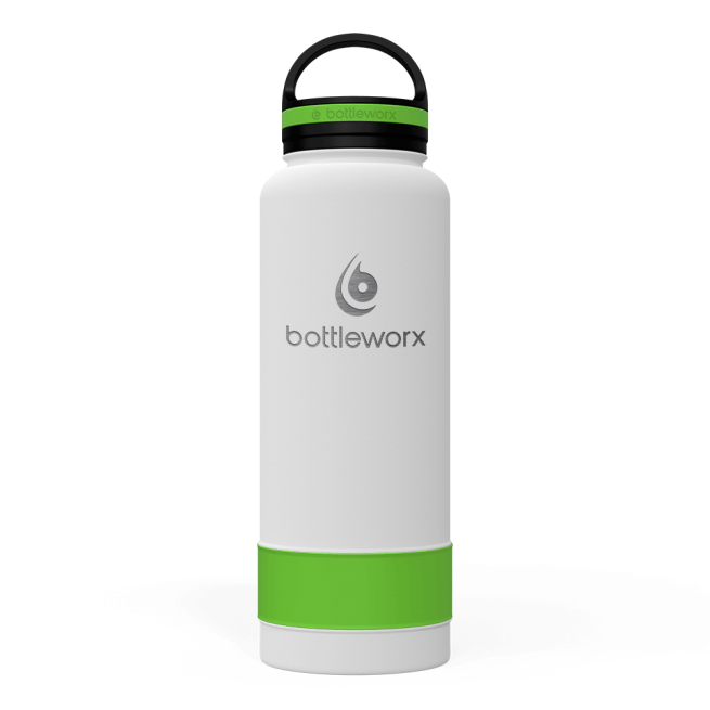 White insulated bottle with green band and black lid, bottleworx logo