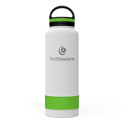 White insulated bottle with green band and black lid, bottleworx logo