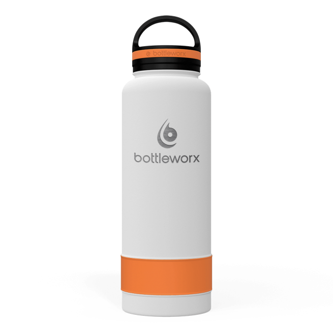 40oz insulated bottle, white body with orange band and black lid