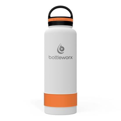 40oz insulated bottle, white body with orange band and black lid