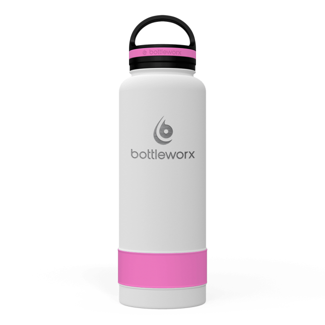 40oz insulated bottle, white body with pink band and black lid