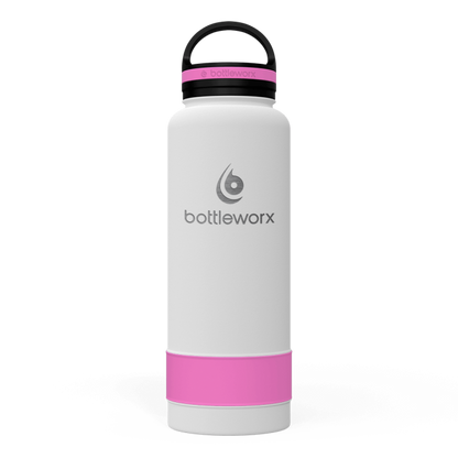 40oz insulated bottle, white body with pink band and black lid