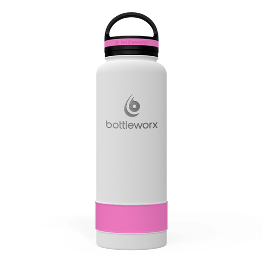 40oz insulated bottle, white body with pink band and black lid