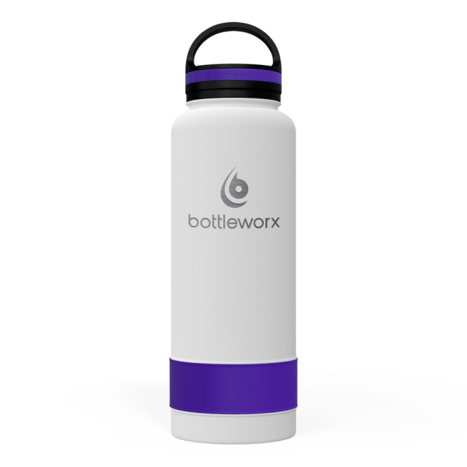 White insulated bottle with purple band and black lid, bottleworx logo