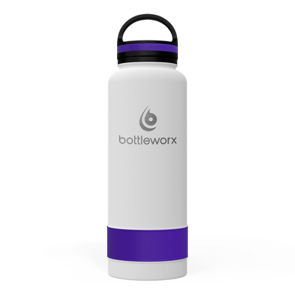 White insulated bottle with purple band and black lid, bottleworx logo