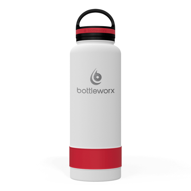 White insulated bottle with red band and black lid, bottleworx logo