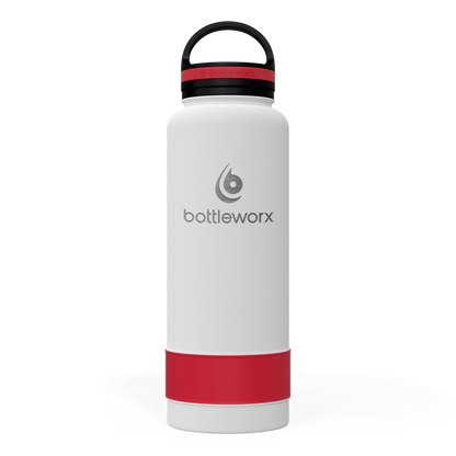 White insulated bottle with red band and black lid, bottleworx logo