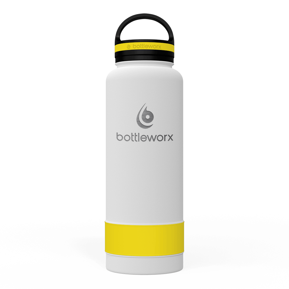 40oz insulated water bottle, white body with yellow band and black lid; bottlwerx logo