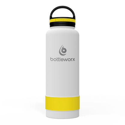 40oz insulated water bottle, white body with yellow band and black lid; bottlwerx logo