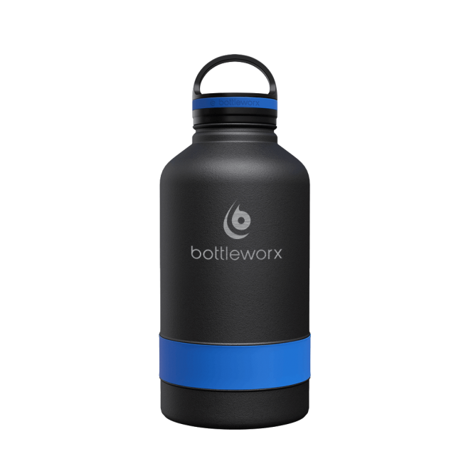 64oz insulated black bottle with blue band and clear lid