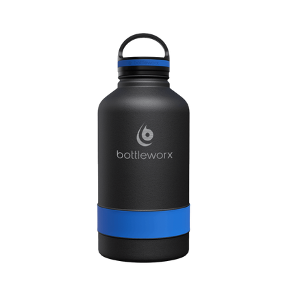 64oz insulated black bottle with blue band and clear lid