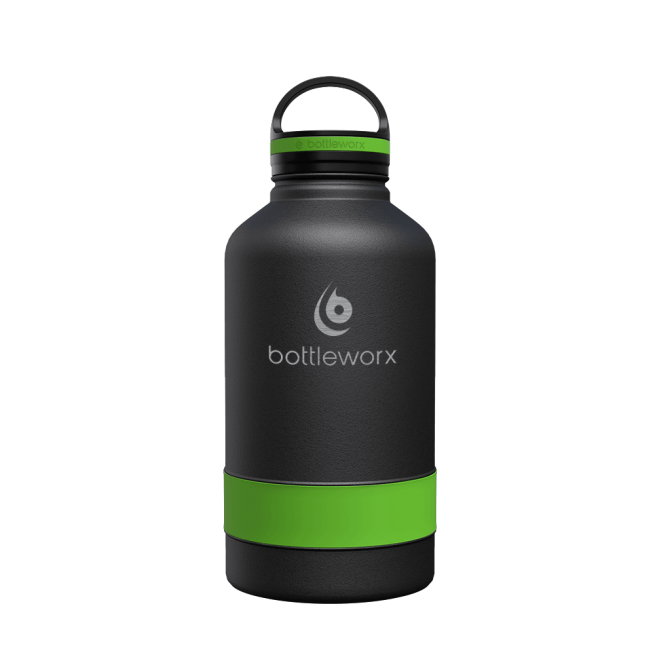 64oz insulated black bottle with green band and clear lid