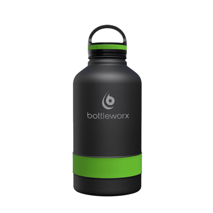 64oz insulated black bottle with green band and clear lid