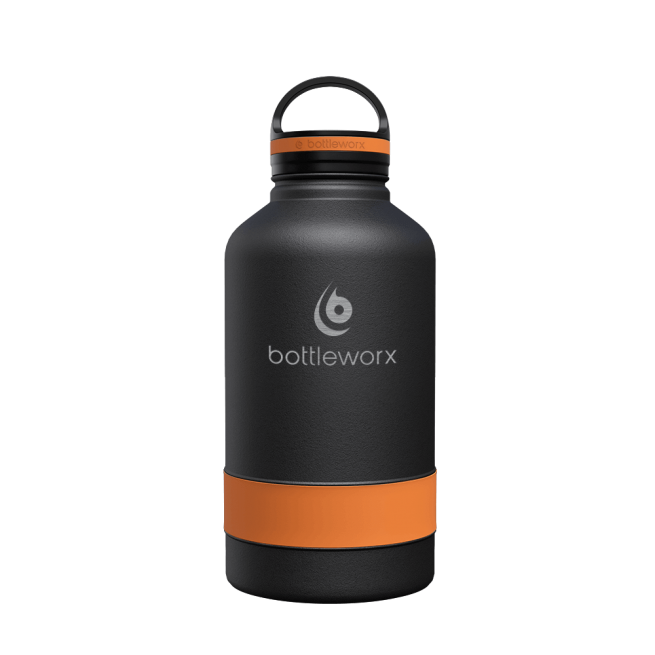 64oz insulated bottle with black finish and orange wrap band, flip-top lid