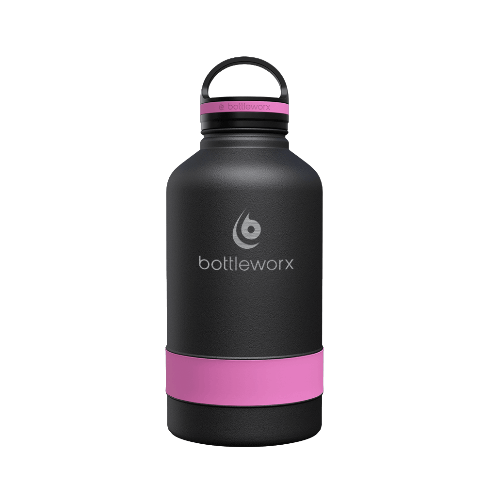 64oz insulated bottle, black body with purple band and black lid