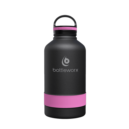 64oz insulated bottle, black body with purple band and black lid
