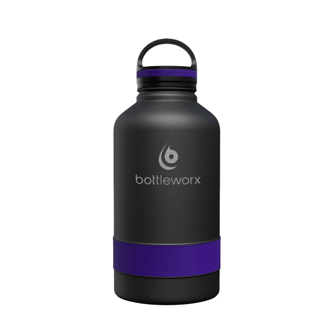 64oz insulated bottle with black finish and purple wrap band, flip-top lid