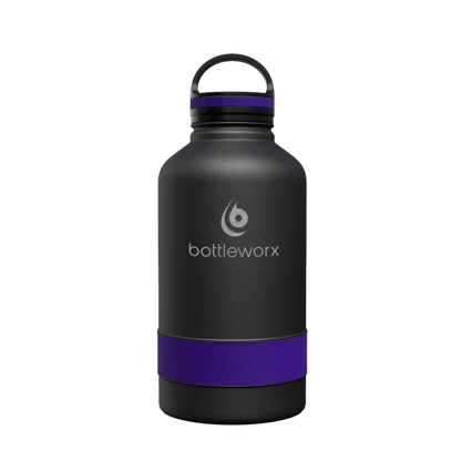 64oz insulated bottle with black finish and purple wrap band, flip-top lid