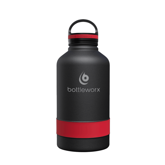 64oz insulated bottle, black body with red band and black lid