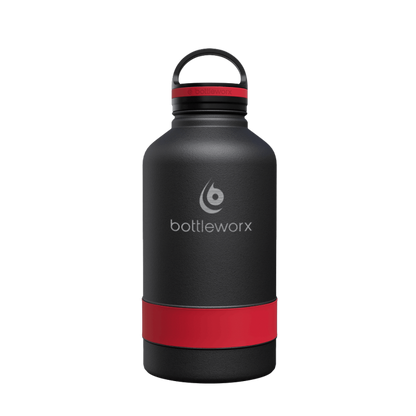 64oz insulated bottle, black body with red band and black lid