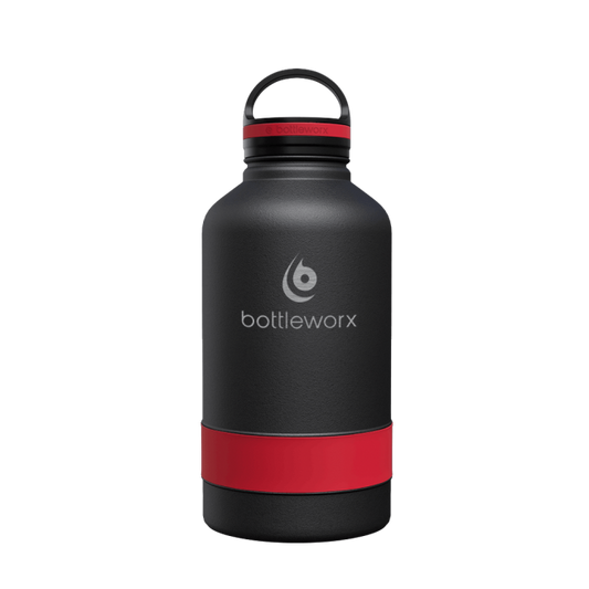 64oz insulated bottle, black body with red band and black lid