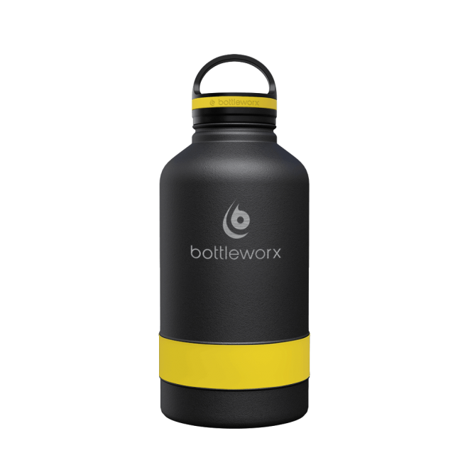 64oz insulated black bottle with yellow band and clear lid