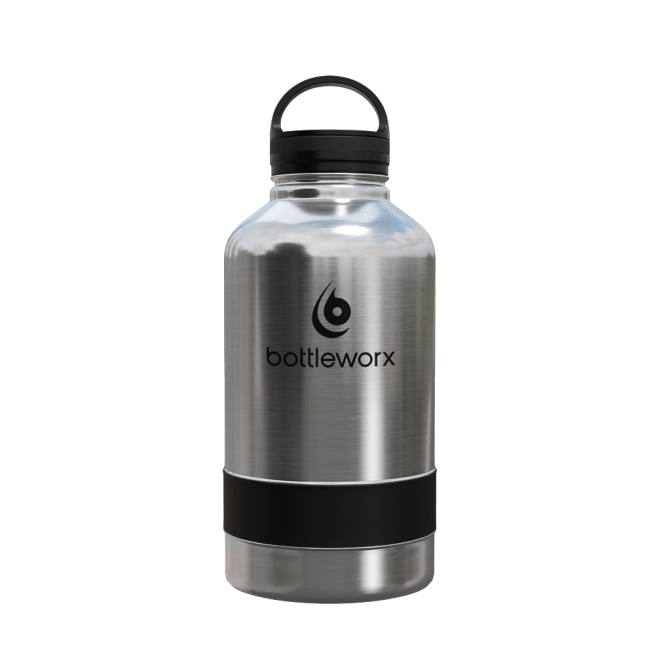 64oz insulated steel bottle with black band and clear lid