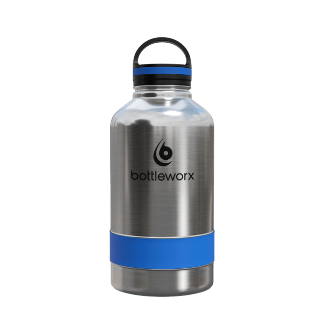 64oz insulated steel bottle with blue band and clear lid