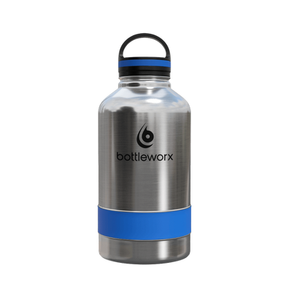64oz insulated steel bottle with blue band and clear lid